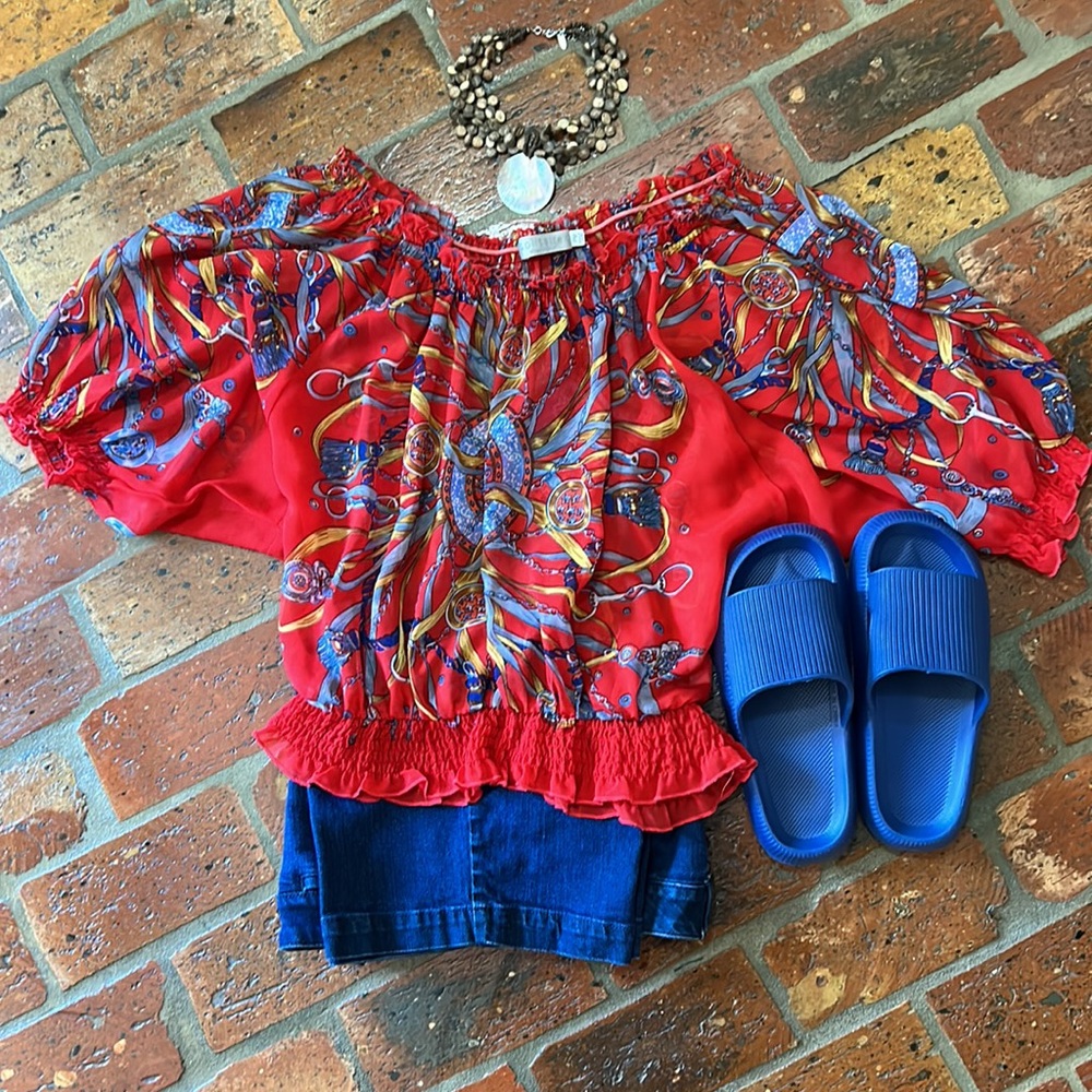 Solitaire on/off the shoulder Nautical print semi sheer top szPM